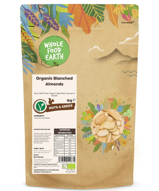 Wholefood Earth Organic Blanched Almonds ? 1 kg | Raw | GMO Free | Vegan | High Fibre | Source of Protein | Certified Organic