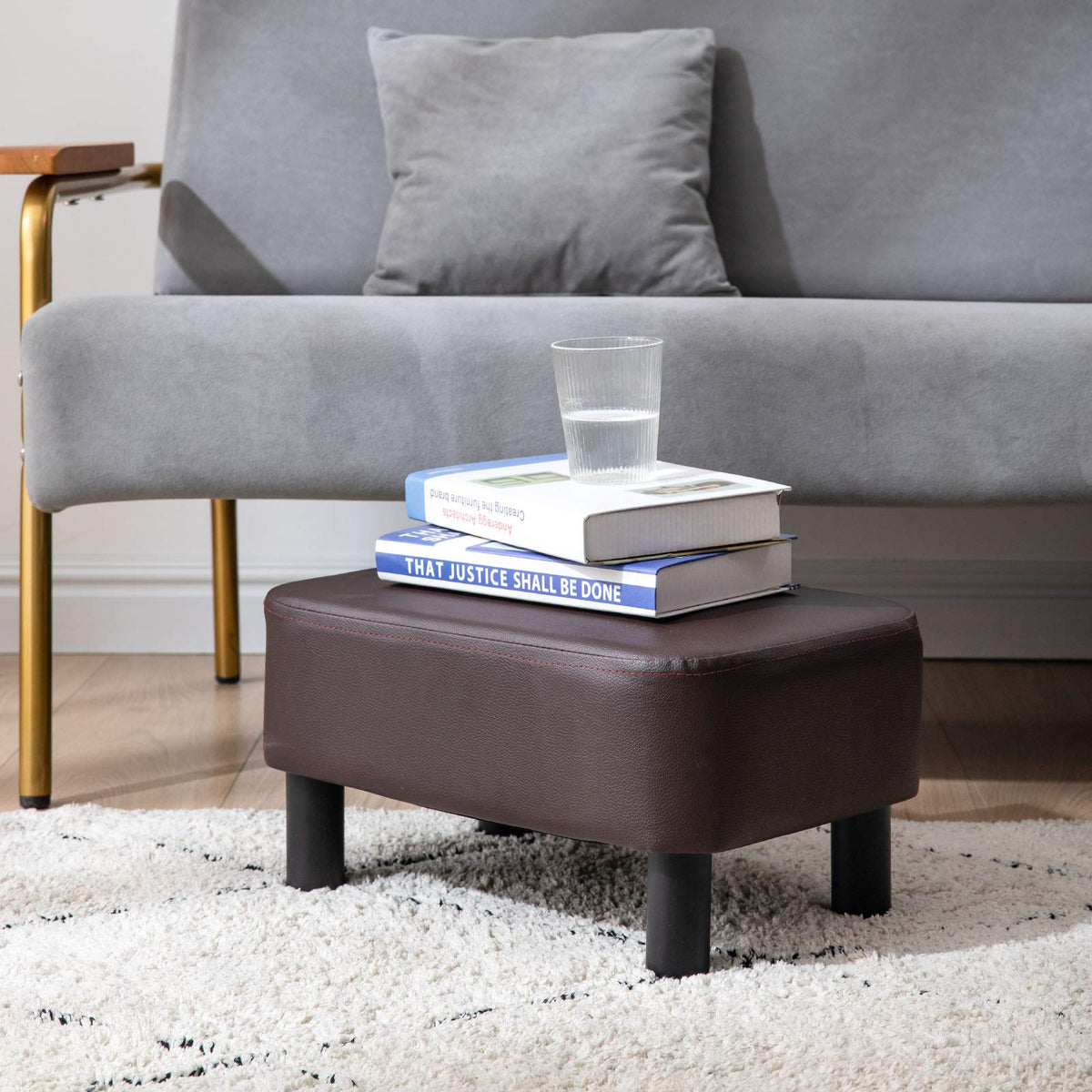 YMYNY 42CM Footstool, Small Foot Stool with Stable Wooden Legs, Modern PU Leather Footrest, Change Shoes Stool for Living Room