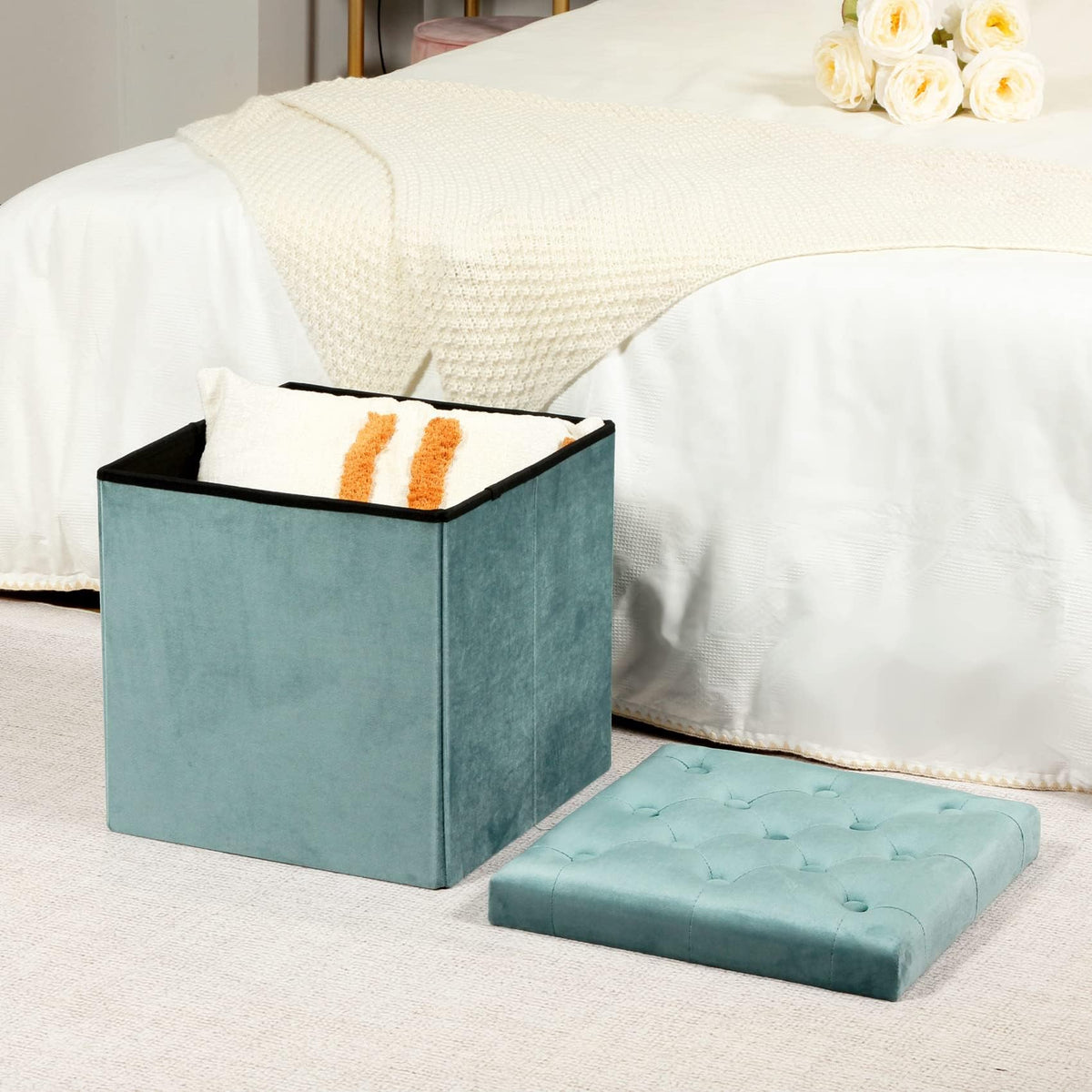 Bonlife Velvet Foldable Storage Ottoman Cube,Green Footstool with Lid,40cm