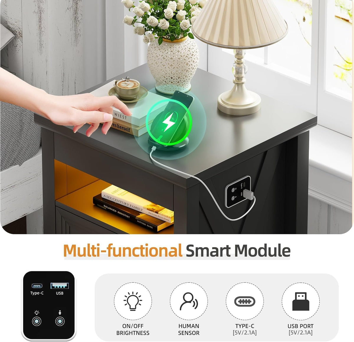 Lvifur Bedside Table - with Hidden Drawer,LED Nightstand with Charging Sation,Smart Night Stand with 3 Color Lights,End Table with Glass Desktop,3