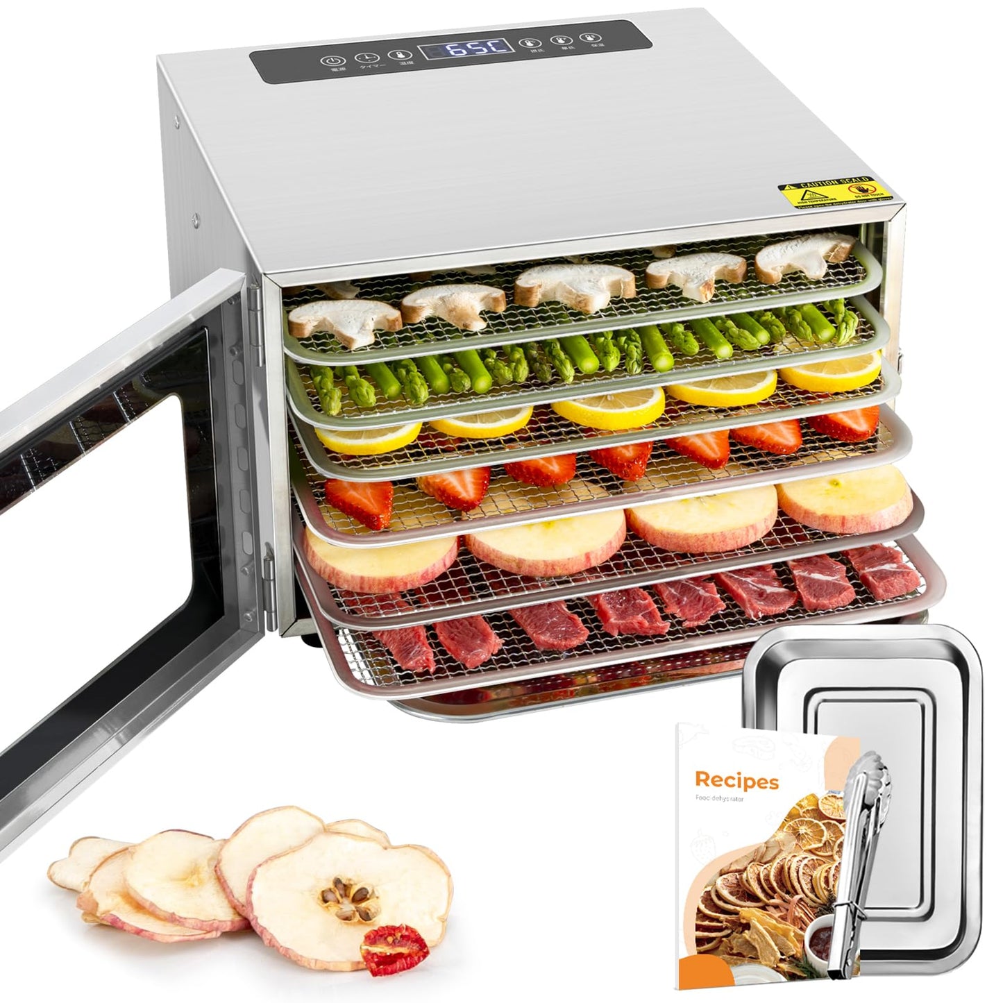 Kwasyo Stainless Steel Food Dehydrator, 6 Tray Fruit Dryer Machine with Free Recipe Book, BPA-Free, 30~90? Temperature Setting, Max 24h, Dehydrator