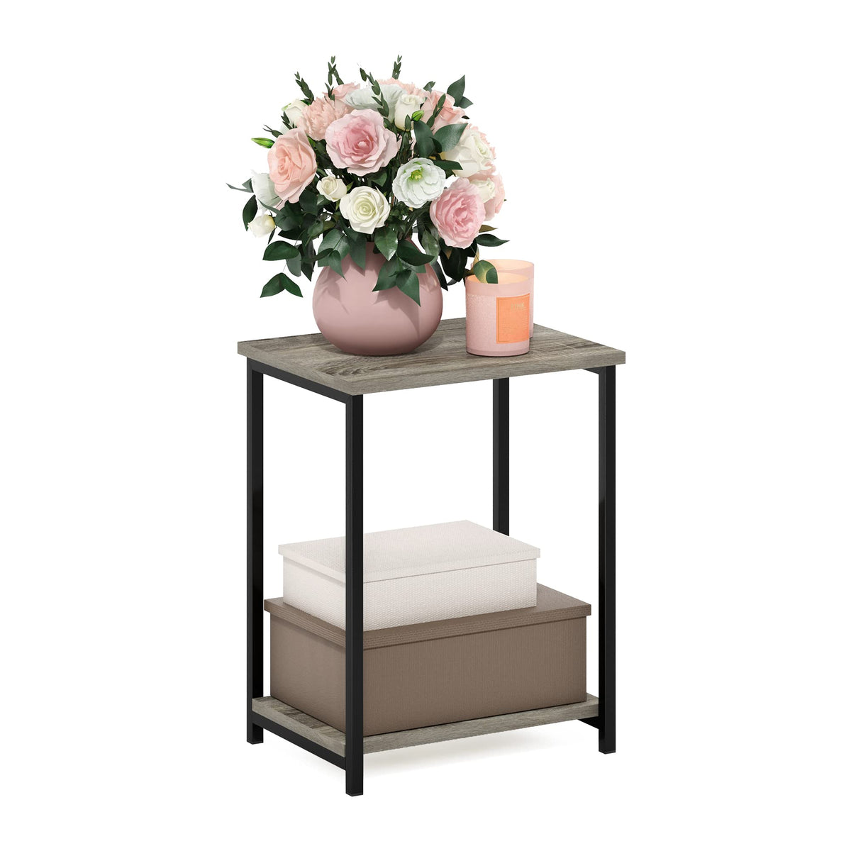 Furinno SIMPLISTIC Side Table, 2-Tier Metal Frame End Table with Open Shelf, Night Stand, Bedside Table, for Living Room, Bedroom, French Oak