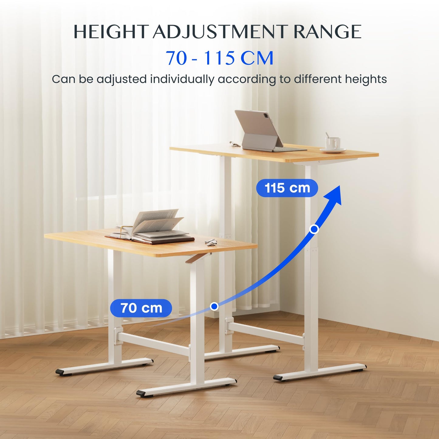 FLEXISPOT No-Electric Pneumatic Standing Desk with Wheels, Height Adjustable Rolling Laptop Table, Mobile Bedside Workstation, 100×60 cm Maple