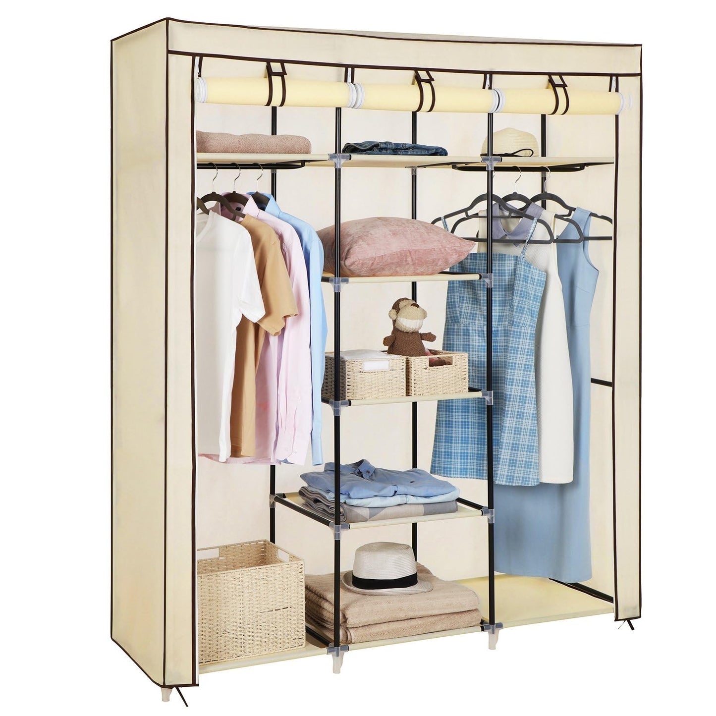 Songmics Folding Wardrobe, Fabric Closet, Foldable Wardrobe with 2 Clothes Rails, 175 x 150 x 45 cm, Beige RYG12M
