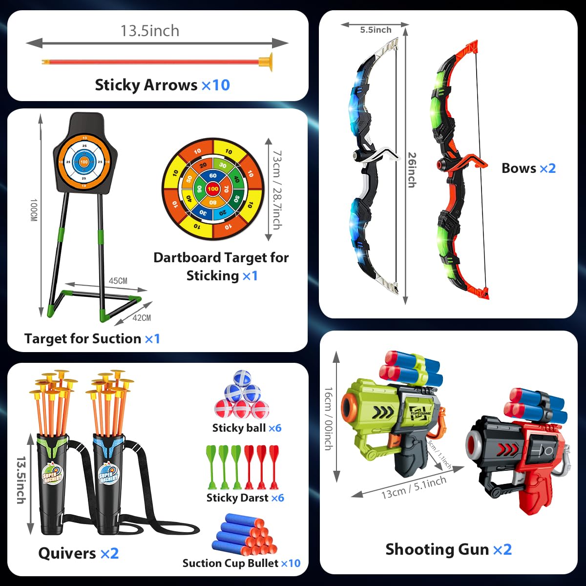 VATOS 2 Pack Archery Set for 5-11 Year Old Boys & Girls, Light Up Bow & Arrow Toy with Cup Suction Target & 29 IN Dart Board, Indoor/Outdoor Activity