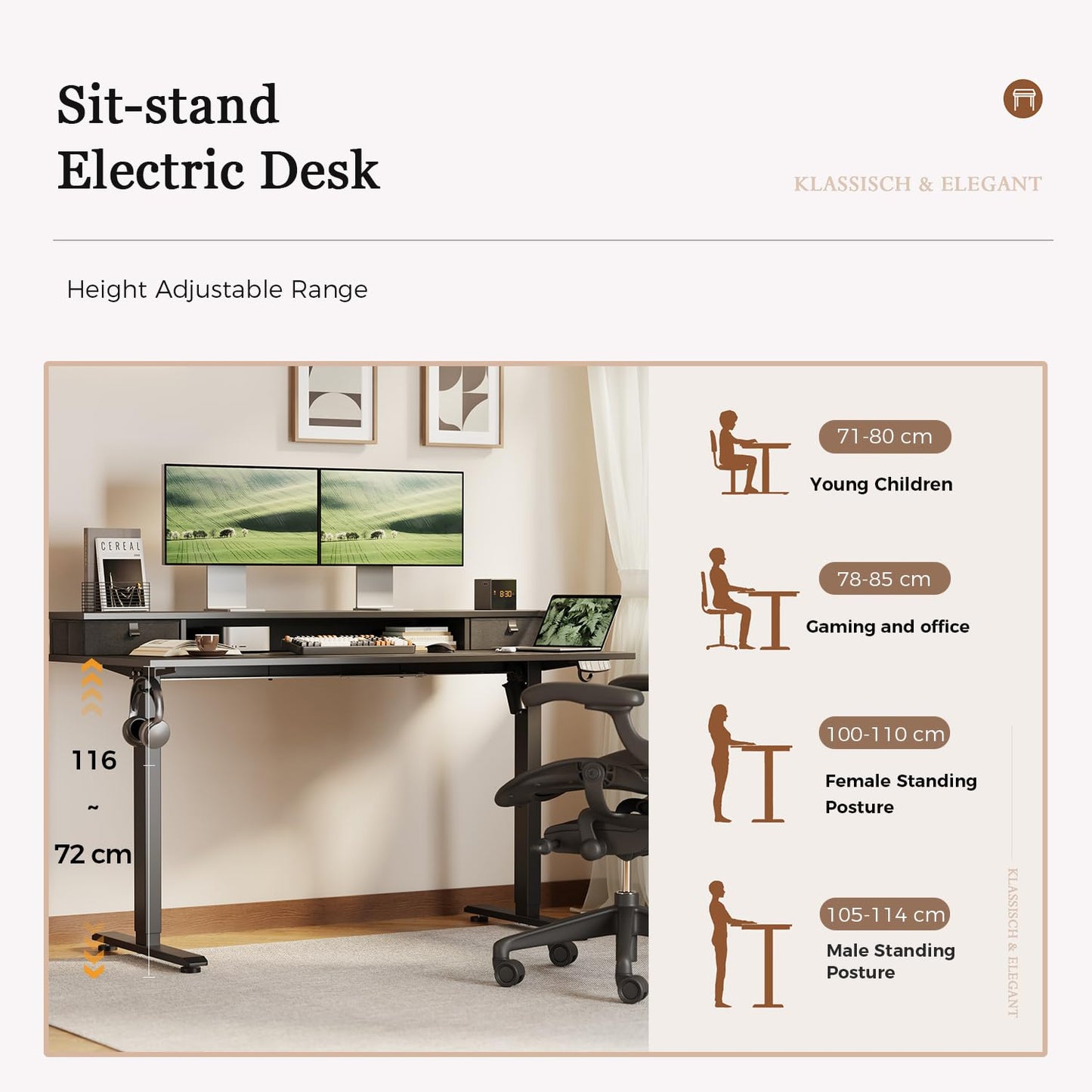 Klicelor Electric Height Adjustable Desk, with 2 Fabric Drawers, 160x60cm