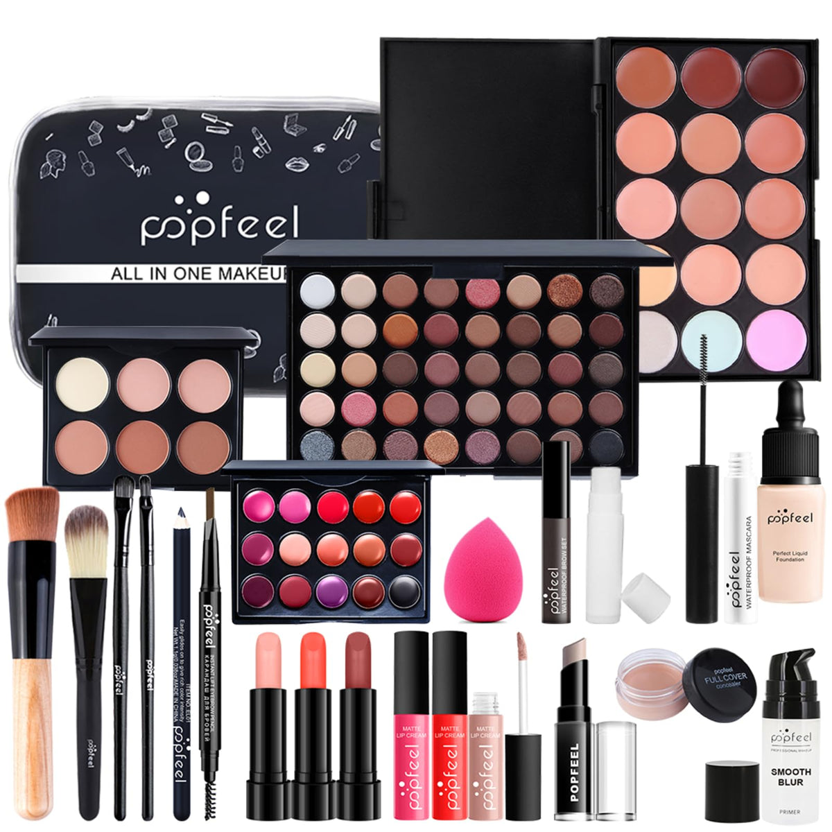 RoseFlower 24Pcs Professional Makeup Set, Essential Make up Starter Set Make-up Sets With Makeup bag Eyeshadow Palette Lip Gloss Concealer blush
