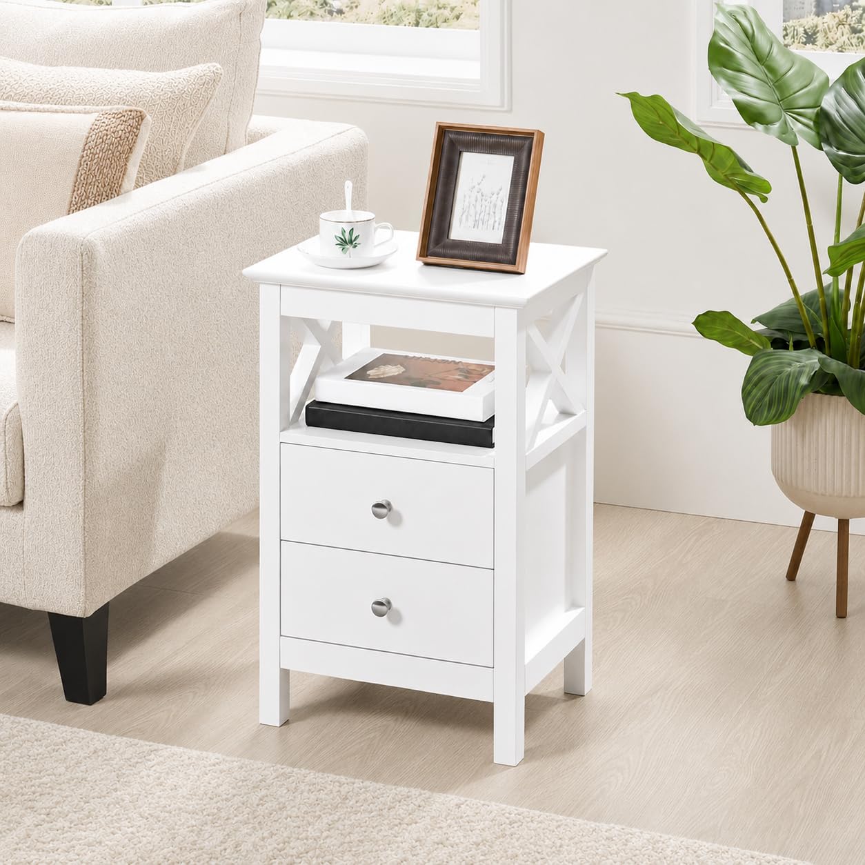 Yaheetech Bedside Table X-Frame with 2 Drawers and Shelf, White