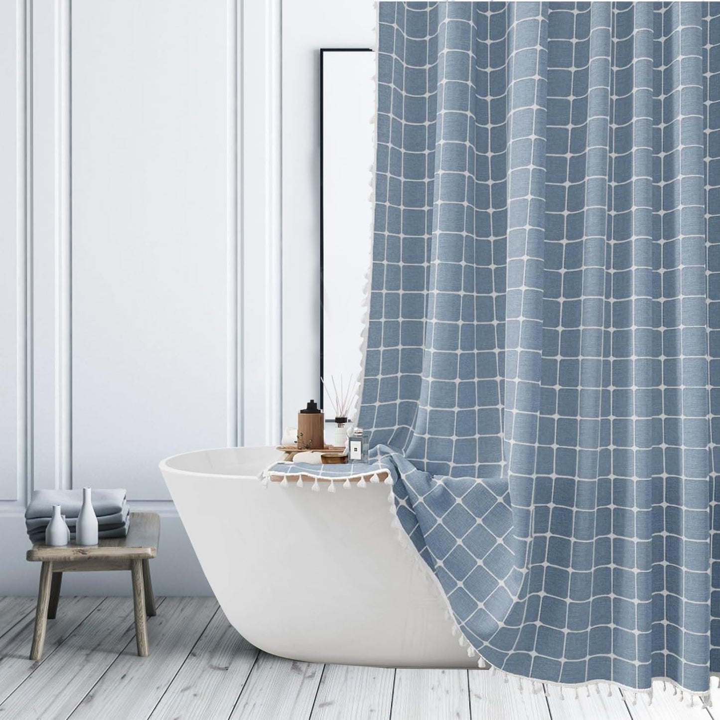 ggaimwf Boho Style Blue Shower Curtain for Bathroom Modern Farmhouse Minimalist Country Bathroom Curtains Heavy Fabric Linen Fabric Shower Curtain