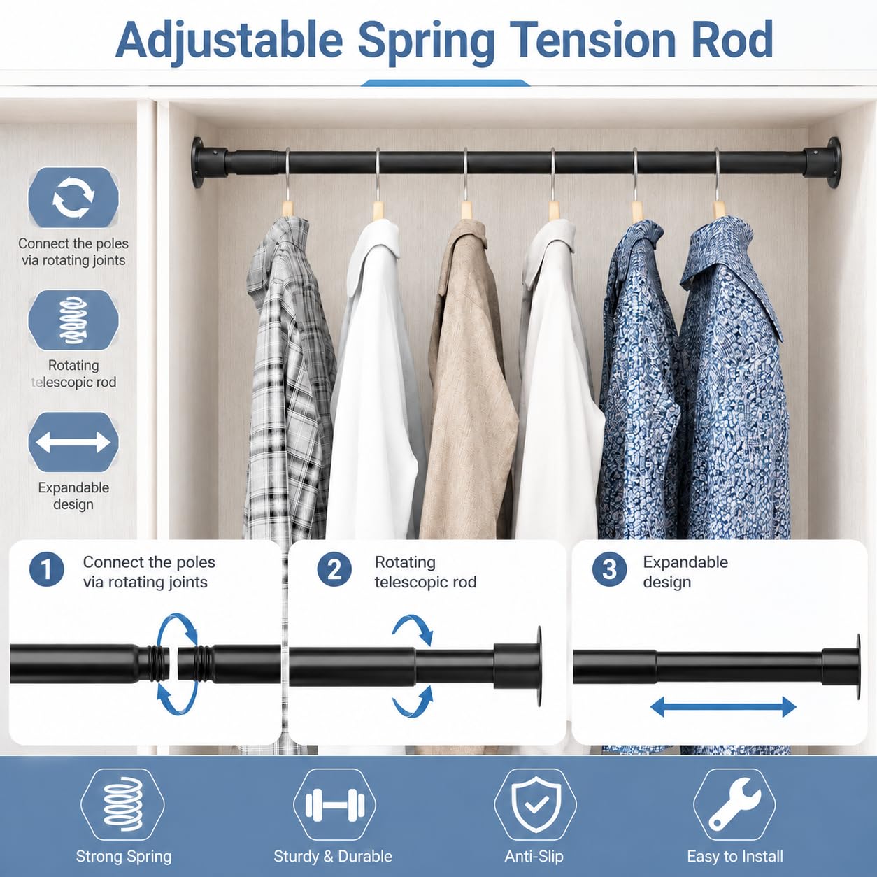 Wardrobe Pole, Wardrobe Rail Adjustable Clothes Rail with Screws and Sockets, Hanging Rod for Wardrobe and Bedroom, 85-160CM/Diameter 32MM，Black