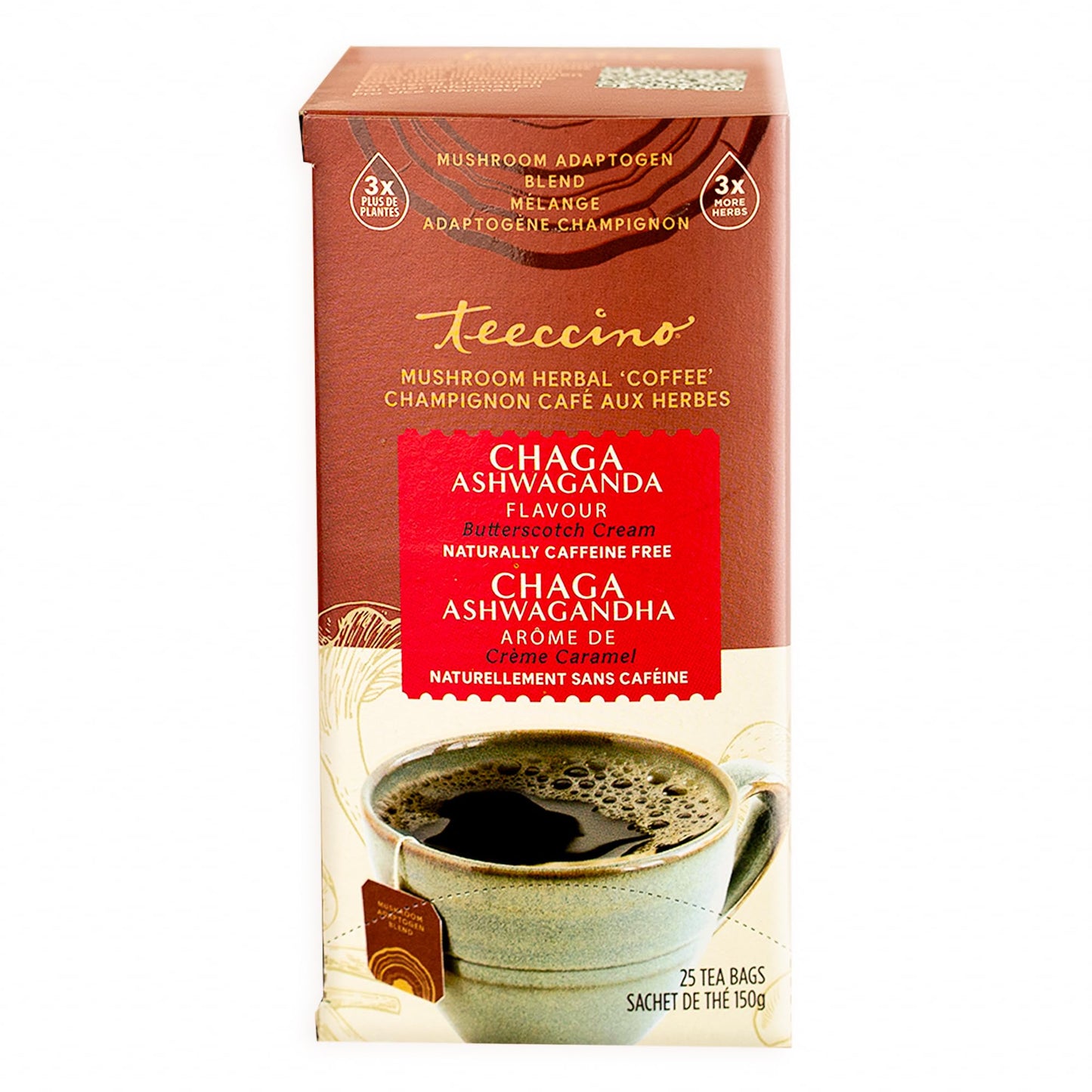 Teeccino Chaga Ashwagandha Tea - Butterscotch Cream - Organic Mushroom Adaptogenic Herbal Tea, 3x More Herbs than Regular Tea Bags, Prebiotic - 25 Tea