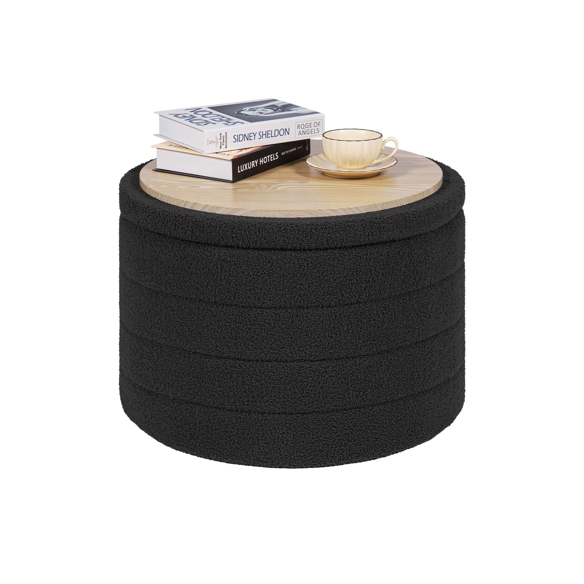 PINPLUS Round Ottoman Storage, Convertible Table, Dark Grey, 56x56x40 cm