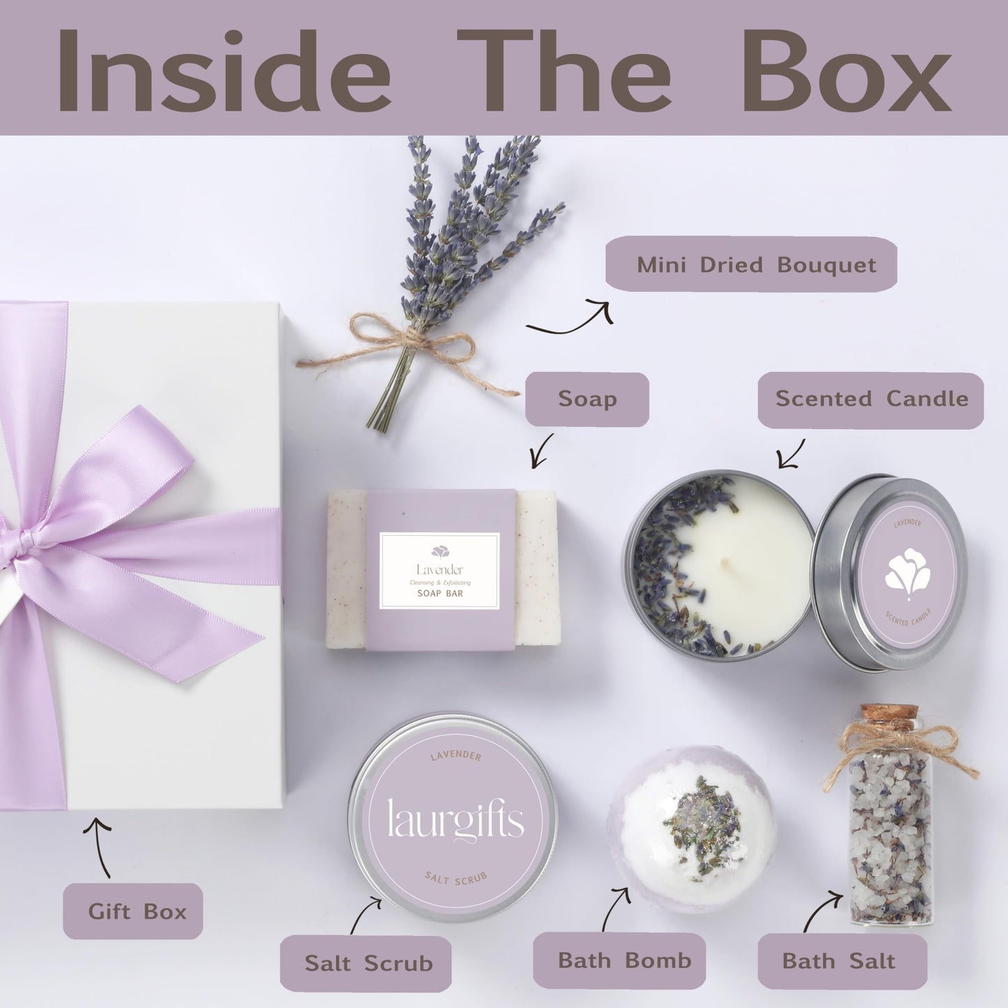 LaurGifts Lavender Spa Gift Box for Women ? Birthday Gift for Her with Candle & Spa Set ? Dutch Flower Fields Inspired Relaxing Gifts for Mum, Wife,