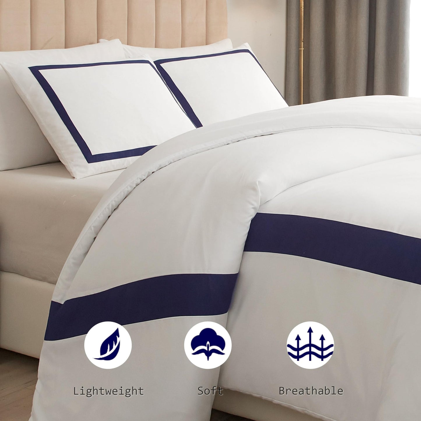OSVINO Hotel Duvet Cover Set 3Pcs Microfiber Simple Line Style Bedding Set Ultra Soft Quilt Cover Set with Pillowcases, Navy, Double