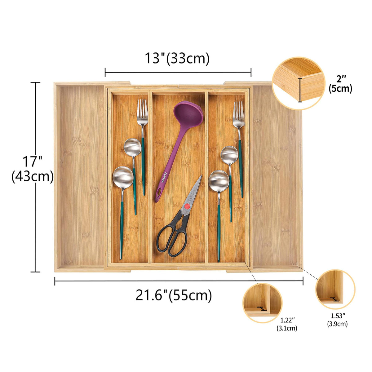 Utoplike Bamboo Cutlery Tray Expandable Drawer Organisers for Utensils Holder, Cutlery Tray Organiser, Drawer Divider for Silverware, Flatware, Knives