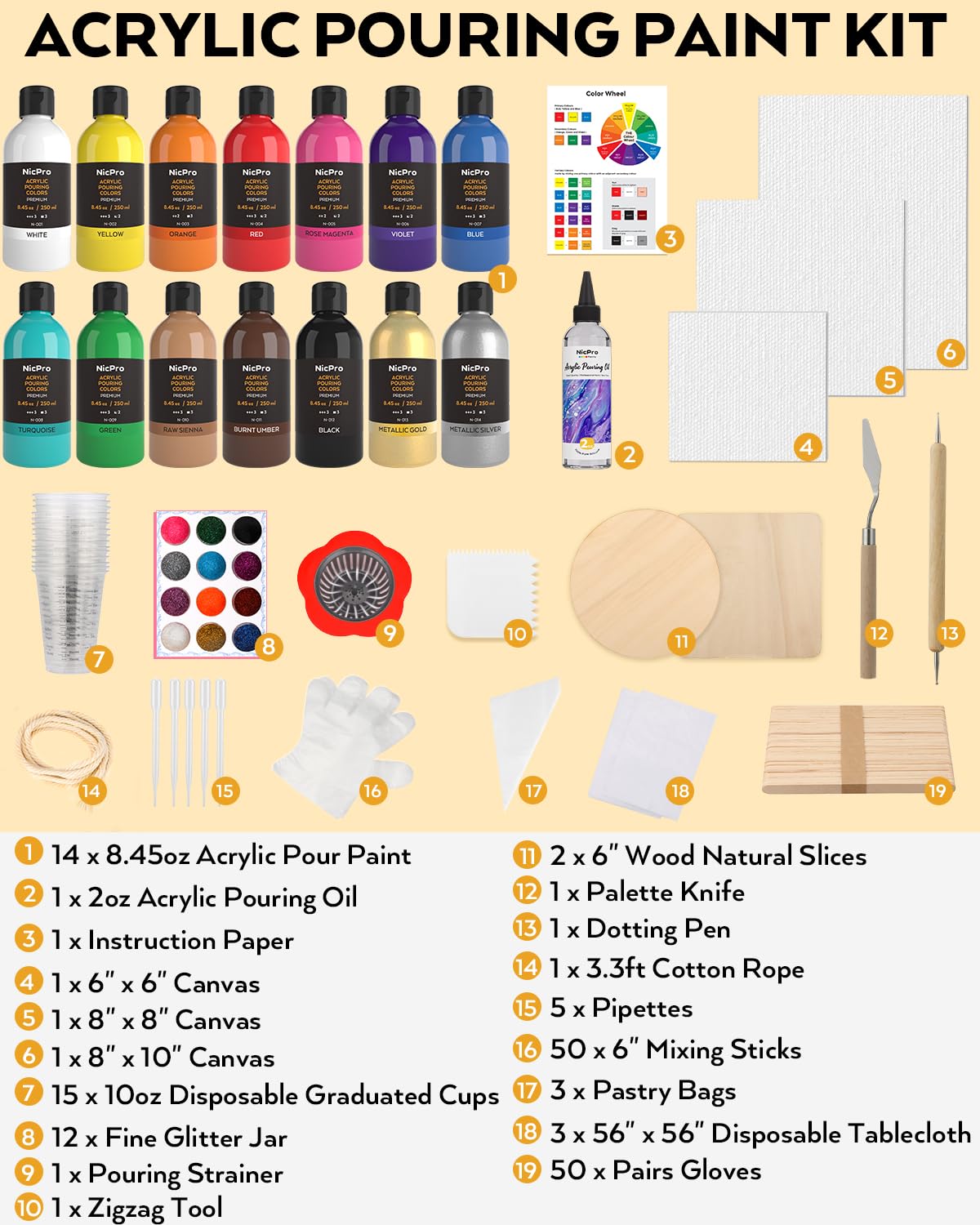 Nicpro 14 Colors 8.45oz Acrylic Pour Paint Supplies Kit, Large Volume Premixed High Flow Painting Bulk Set with Canvas, Wood Natural Slices, Pouring