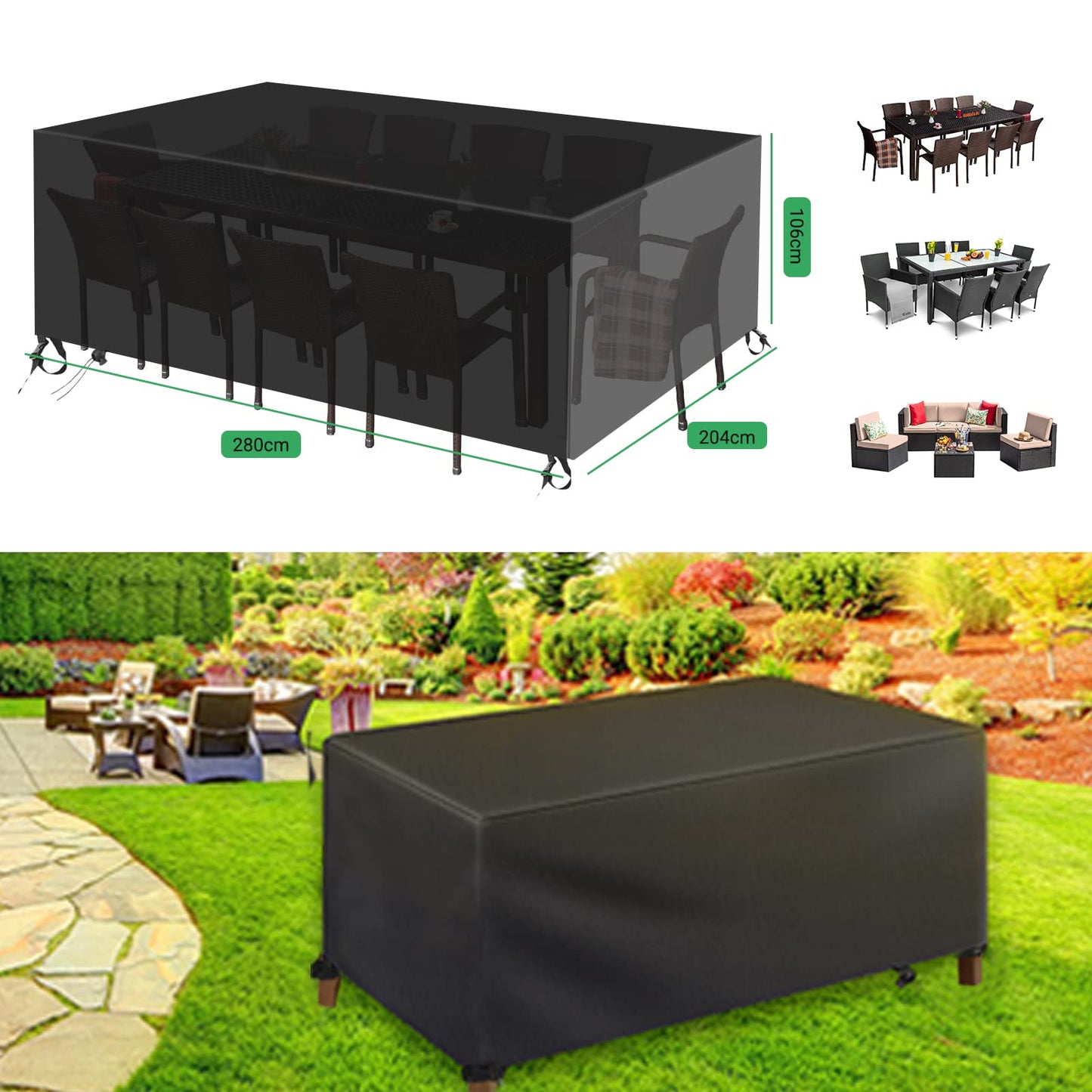 Garden Furniture Covers Waterproof Outdoor - 280 x 204 x 106cm Rectangular Rattan Patio Furniture Cover - Heavy Duty Large Protective Cover for