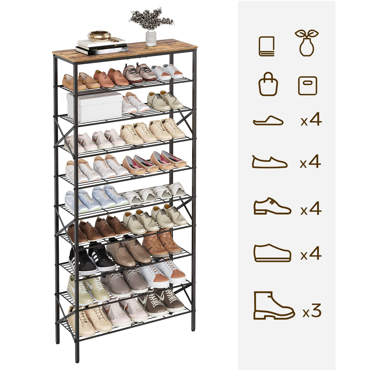 YATINEY 10-Tier Shoe Rack, Tall Shoe Rack, Shoe Shelf for 40 Pairs of Shoes, Large Capacity Shoe Organizer, Durable and Stable, Industrial Style