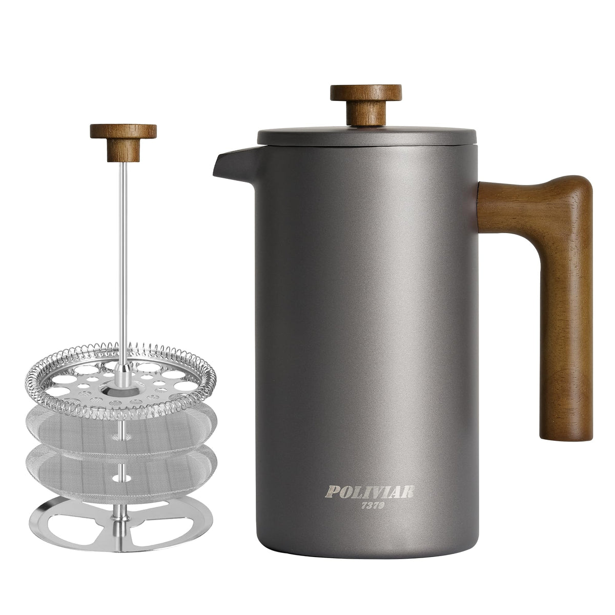 POLIVIAR Cafetiere 8 Cup, French Press Coffee Maker with Wood Handle, Double Walled Insulated Cafetiere &1 Extra Filter, Insulated 1L French Press for