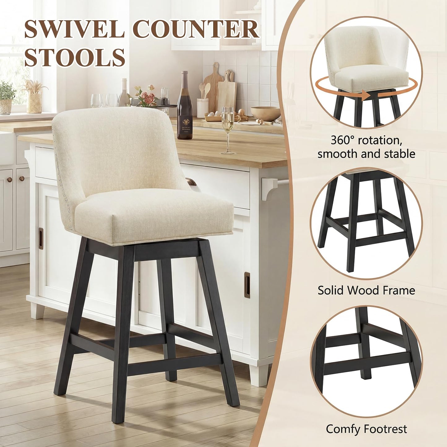 Bar Stools Set of 6, 360° Swivel Upholstered Counter Stools with Back, Wooden Frame Kitchen Bar Chairs with Nailhead Trim