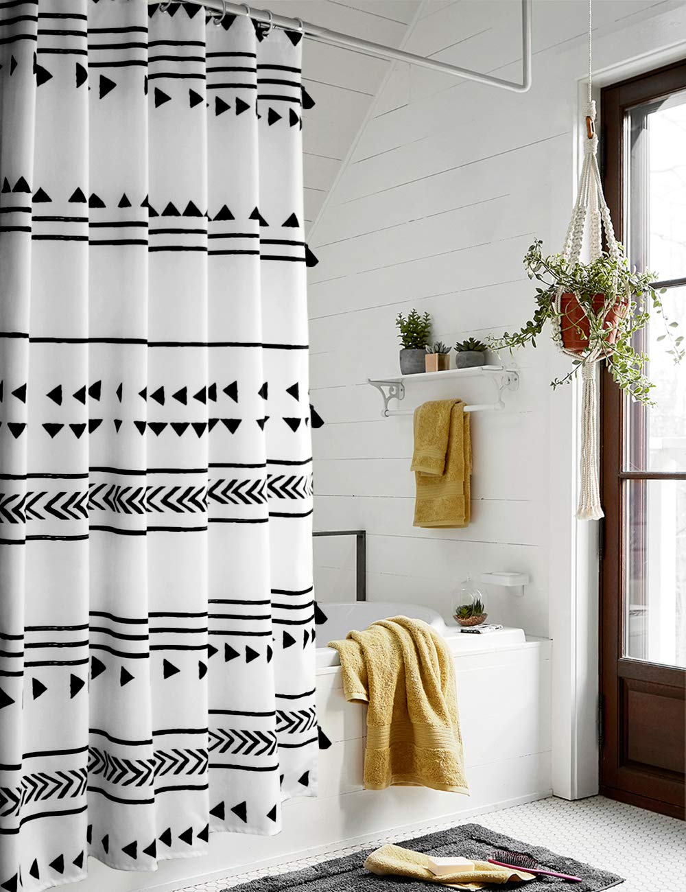 Uphome 72x72 Boho Shower Curtain Black and White Fabric Bathroom Curtains Set with Hooks, Chic Triangle and Geometric Tassel Bath Curtain, Heavy Duty
