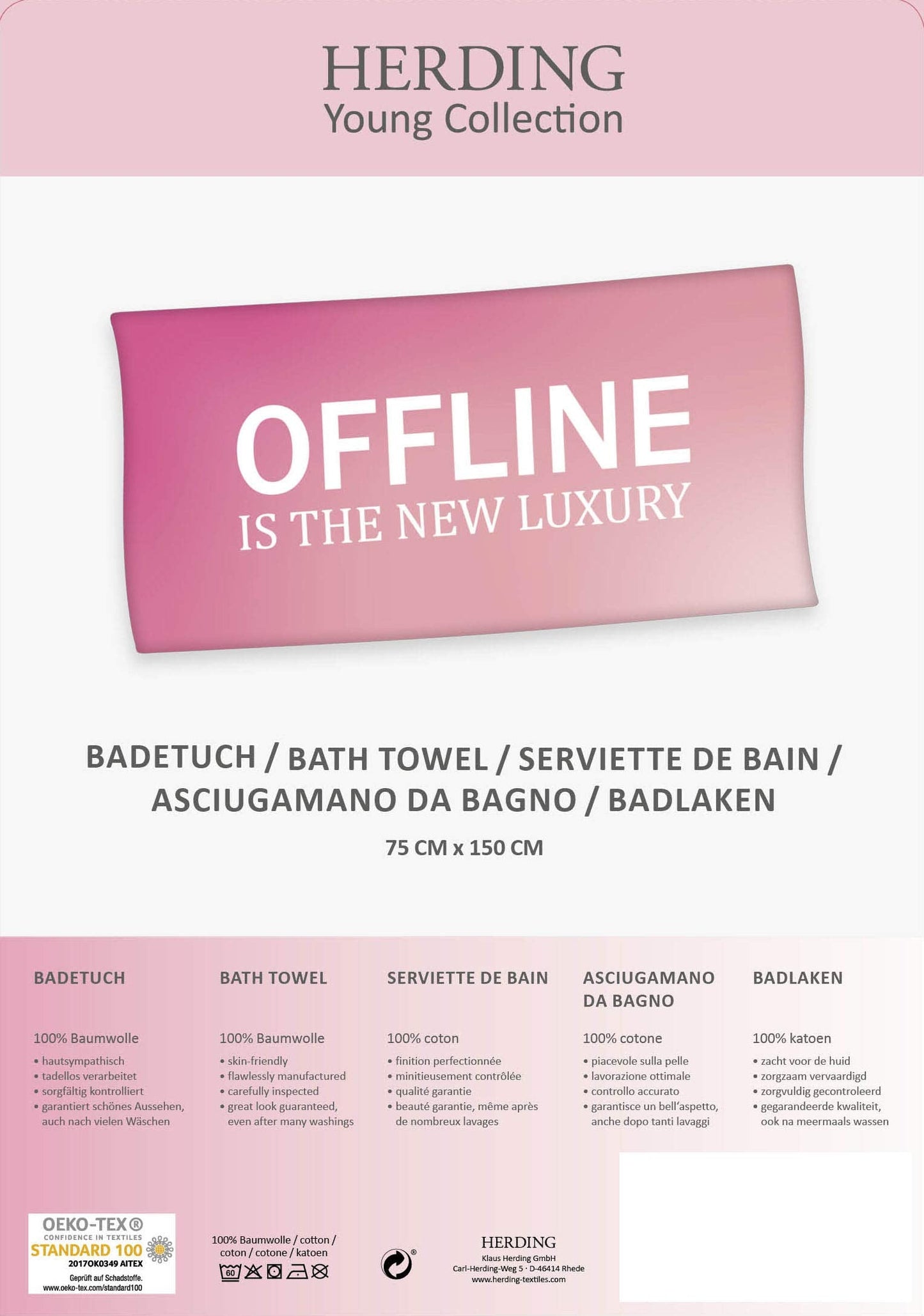 Herding Offline Velour Towel, 75 x 150 cm, Cotton/Velour, Multi-Colour
