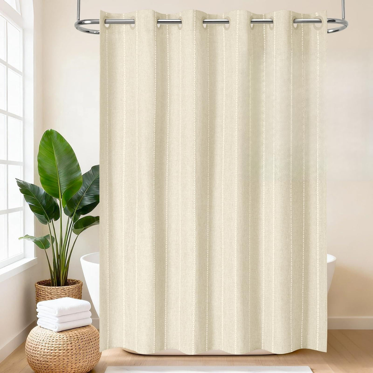 VANZAVANZU Boho Hookless Shower Curtain, Stripe Polyester-Linen Fabric Waterproof coating Shower Curtains for Bathroom, Farmhouse Rustic Shabby Chic