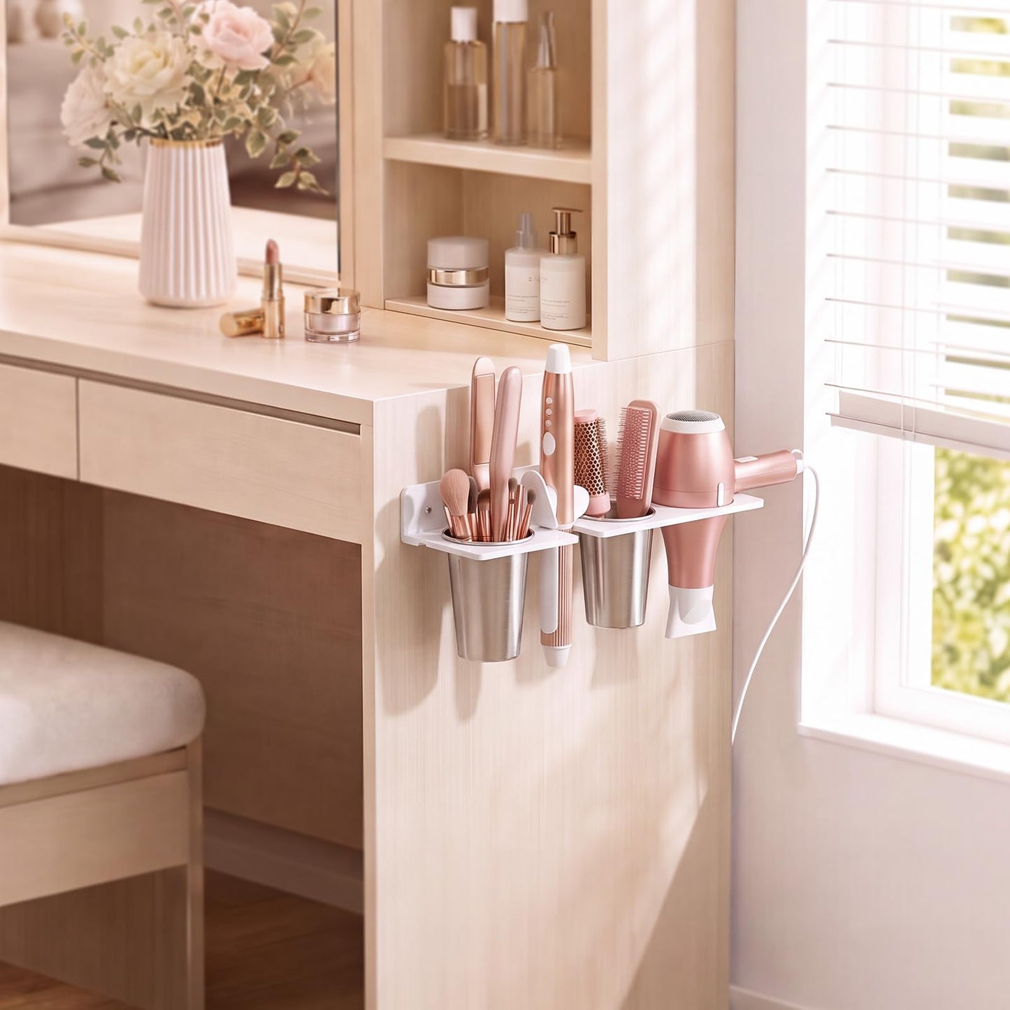 AITEE Hairdryer and Straightener Holder Wall Mounted, White Acrylic Hair Dryer Holders with 2Cups