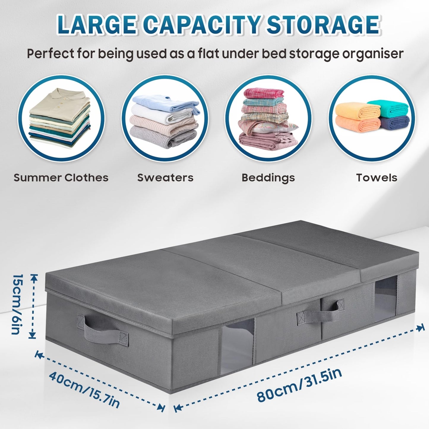 BOSNONA Under Bed Storage Box with Lid Foldable Underbed Storage Boxes with Visual Window Reinforced Handles Under Bed Clothes Storage for Blankets