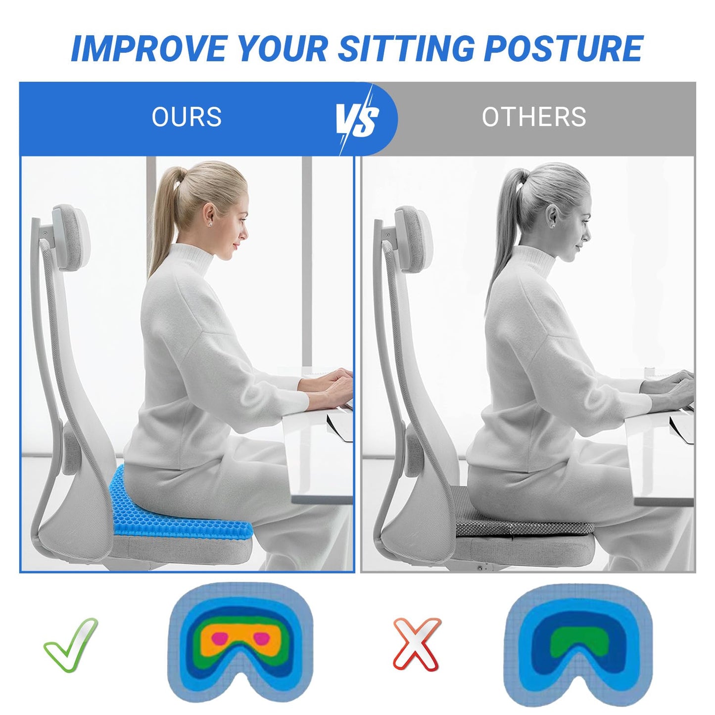 Gel Seat Cushion, Large Gel Seat Cushion for Long Sitting with Non-Slip Covers, Breathable Honeycomb Cushion Pressure-Relieving for Office Chair/Car