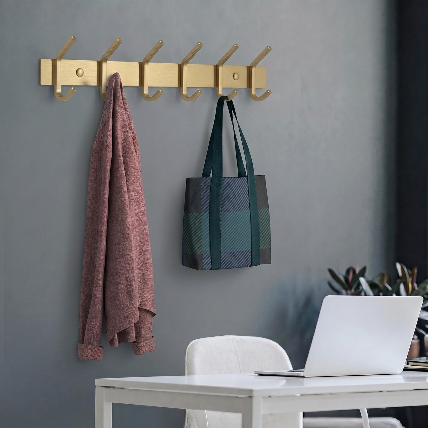 SAYONEYES Brushed Gold Coat Rack Wall Mount with 6 Double Hooks for Hanging – 17 Inch Heavy Duty SUS304 Stainless Steel Rustic Coat Hooks – Hat