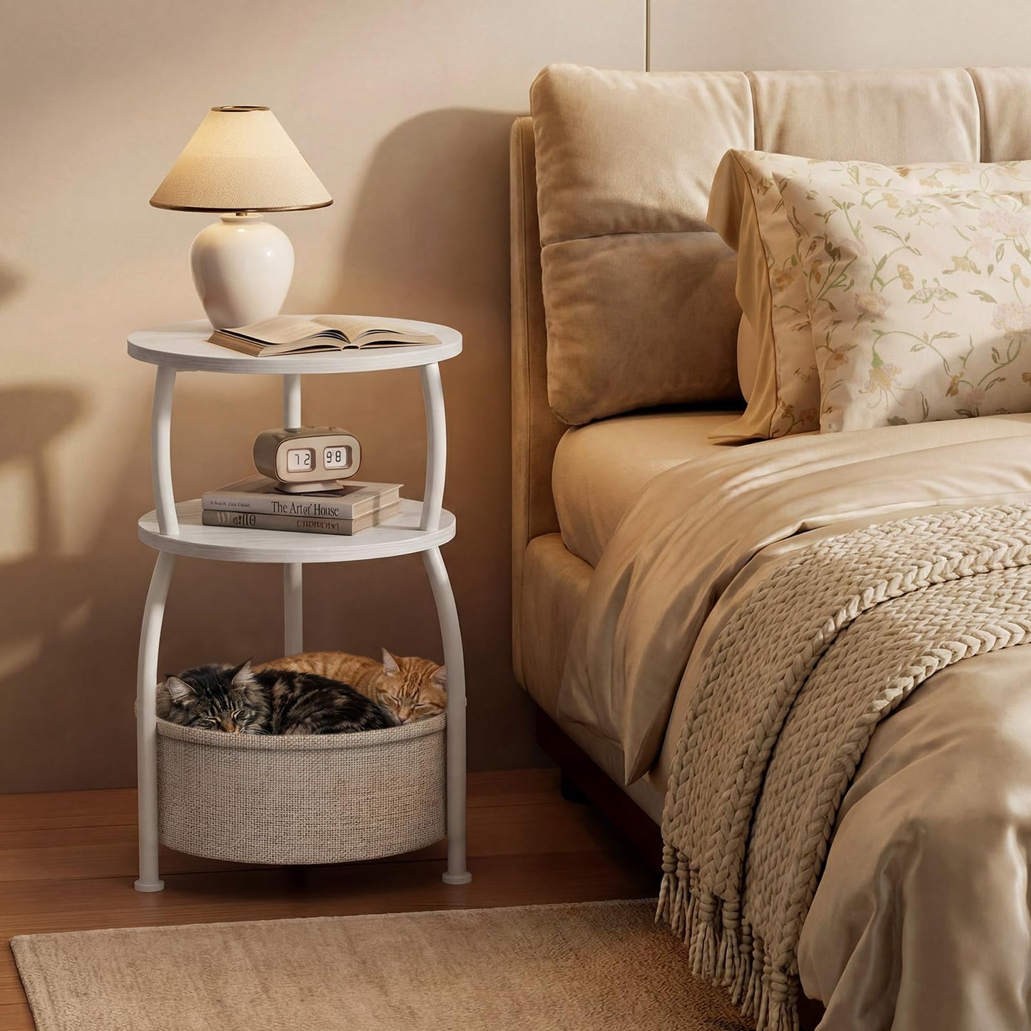 Yuede Side Table with Fabric Basket, Round End Table, 3 Tier Bedside Table, Coffee Table for Living Room, Bed Room, Modern, 40 x 61 cm, White