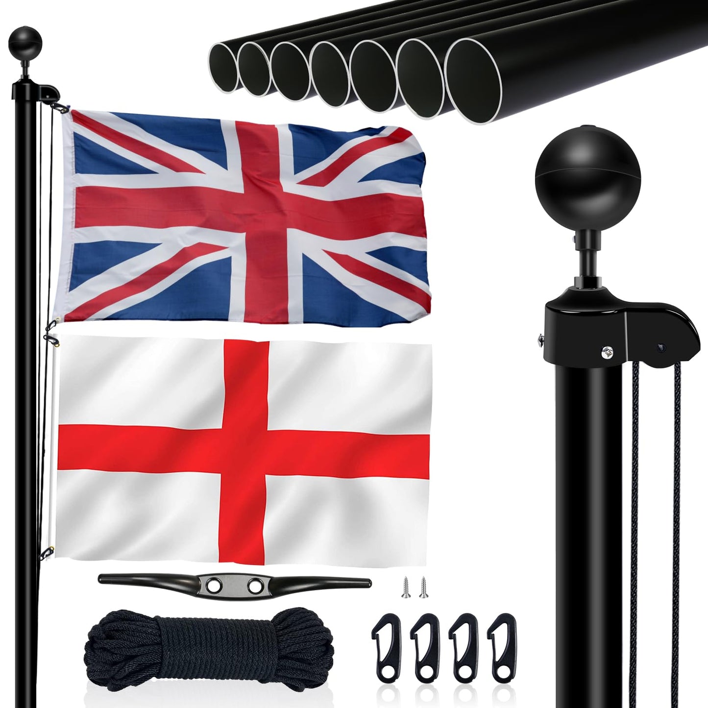 NQ 20FT (6M) Flag Poles for Garden, Sectional Heavy Duty Aluminum Flag Pole Kit with UK Flag, Flag Pole Topper, Flagpole Rope, Outdoor in Ground Flag