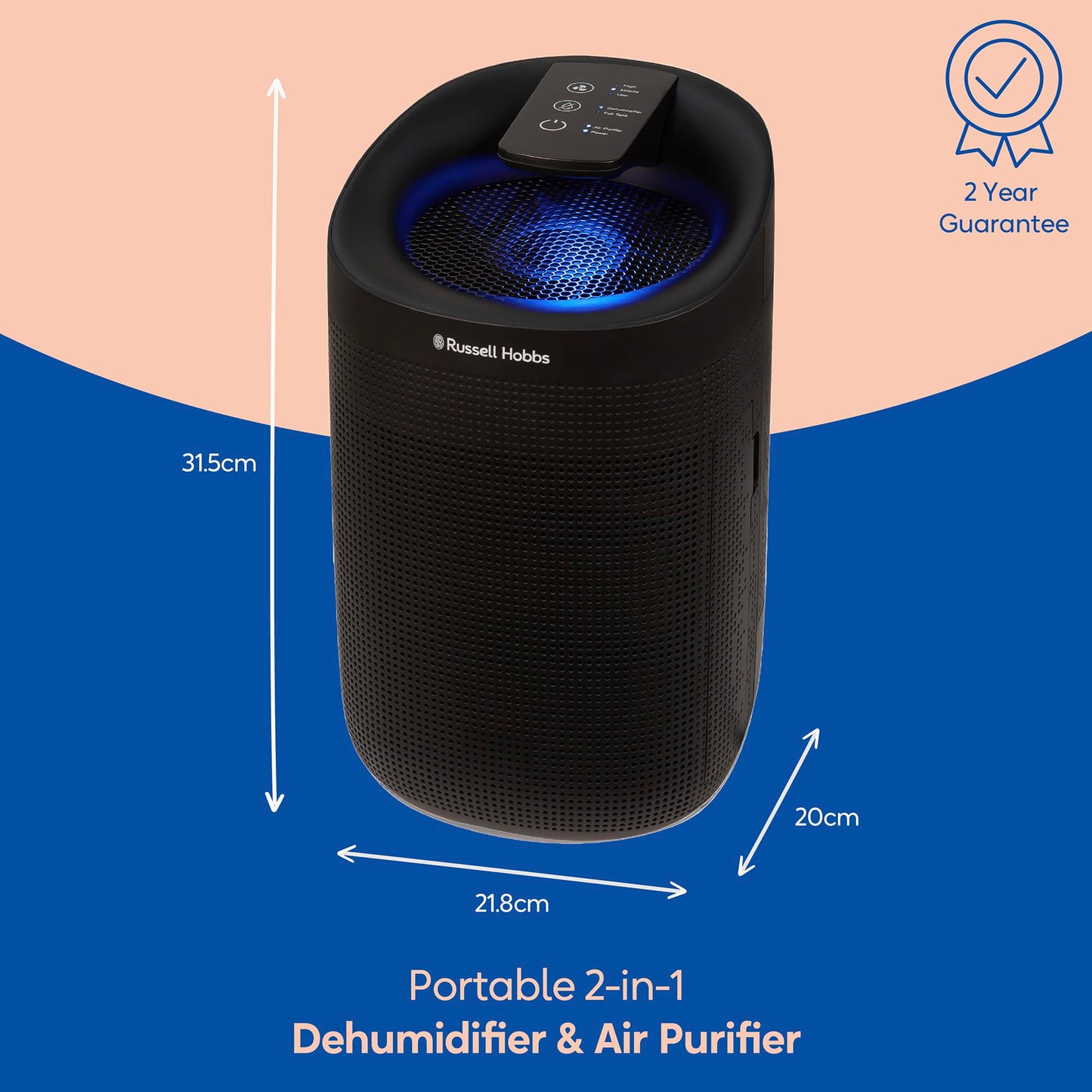 Russell Hobbs RHDH1101B Ozone Free, 750ml/day 2 in 1 Black Dehumidifier/Air Purifier, 20m2 Room Size, LED Lighting & Captures Bacteria, for Home,