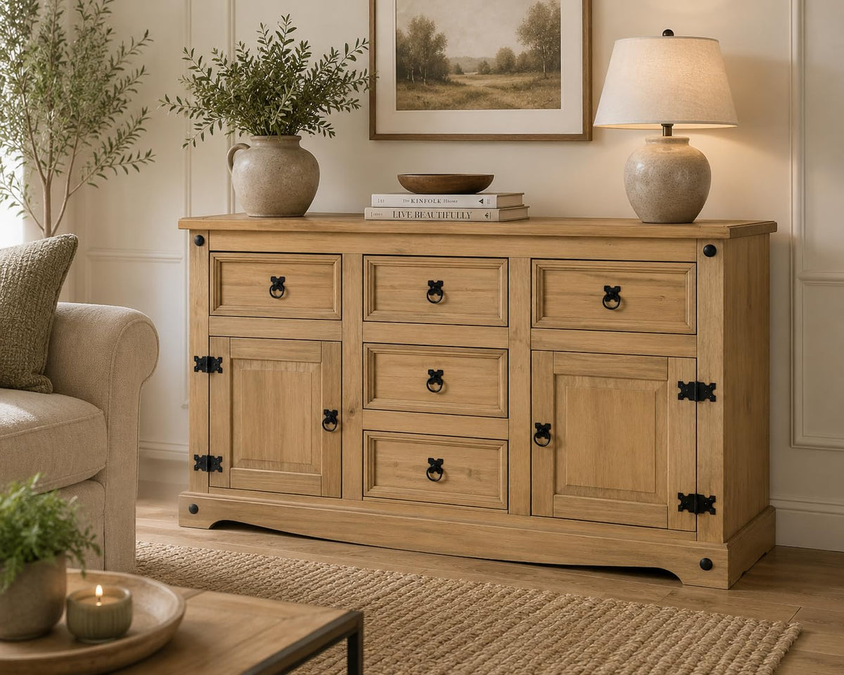 Corona Sideboard 5 Drawer 2 Door Large Cupboard Wide Mexican Solid Pine Wood with Wax Finish and Black Metal Hardware 76cm H x 125cm W x 40cm D