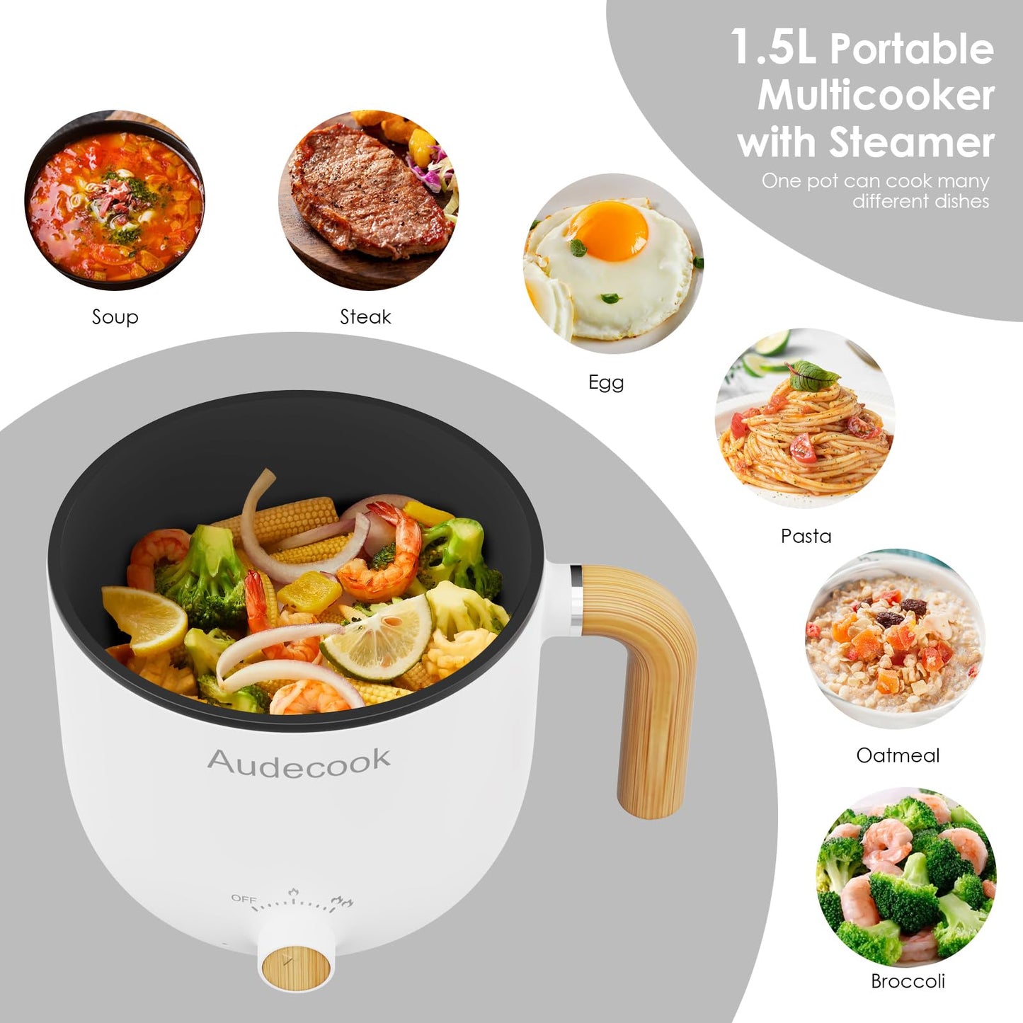 Audecook Electric Hot Pot with Steamer, 1.5L Portable Non-Stick Mini Multifunctional Cooker, Shabu Hot Pot, Electric Skillet with Dual Power Control