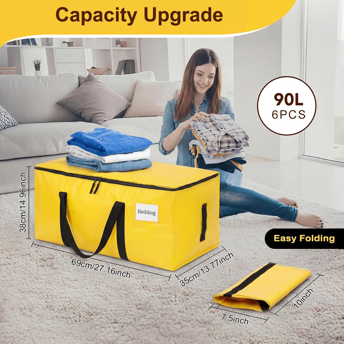 6 Pack 90L Moving Bags, Heavy Duty Storage Bag Dorm Moving Essential,Yellow