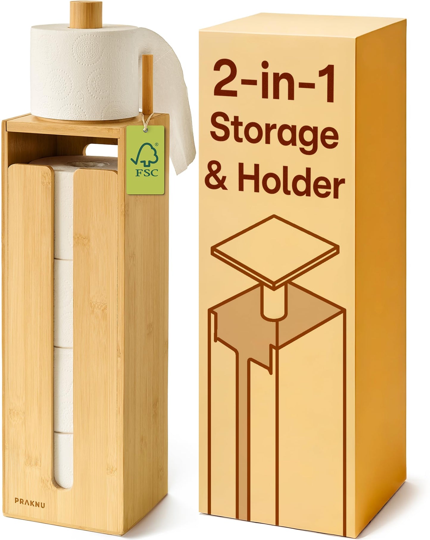 Praknu Toilet Paper Storage Bamboo - Toilet Paper Holder Standing Made ofFSC? Wood with Magnetic Lid for 4 Rolls of Toilet Paper - Space Saving -