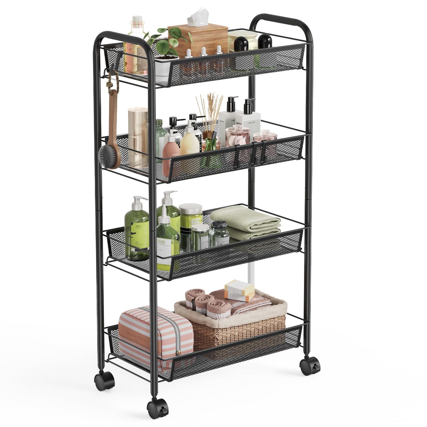 WELDUN 4-Tier Storage Trolley, Meatl Rolling Cart, Mesh Storage Cart Black