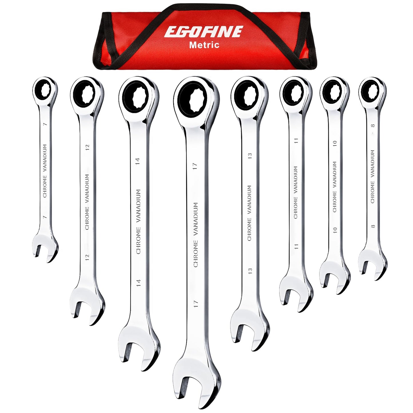 EGOFINE 8-Piece Ratcheting Wrench Set, Cr-V Steel Mertic Wrench Set from 7mm to 17mm Wrench, 72 Teeth Ratchet Wrench, 12 Point Open End & Box End