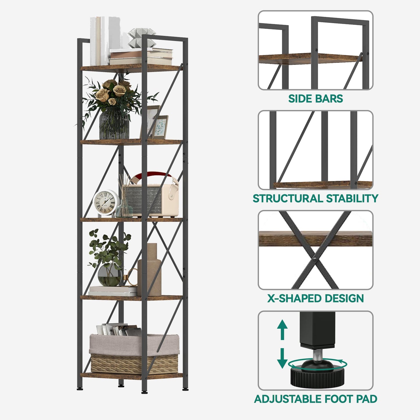 YITAHOME Bookcase, 5 Tier Industrial Shelving Unit, Wooden Shelves and Metal Frame, Display Storage Rack for Living Room, Home Office, Kitchen