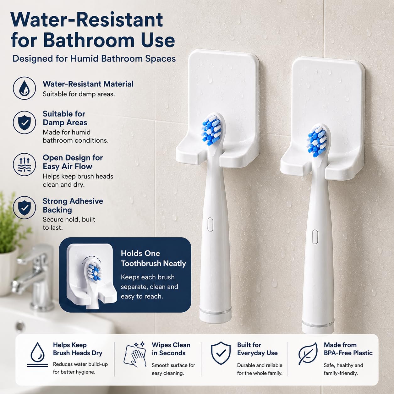 Electric Toothbrush Head Holder, 4 Pack Wall-Mounted Self-Adhesive Hangers for Toothbrush Heads, Razors & Hair Ties, No-Drill Bathroom Storage, White