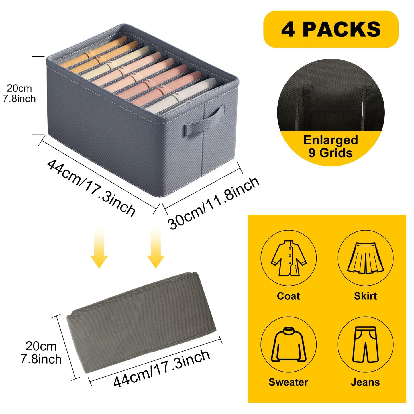 YOUNTHYE 4PCS Wardrobe Storage Organiser, 9 Grids Clothes Storage Organiser Drawers