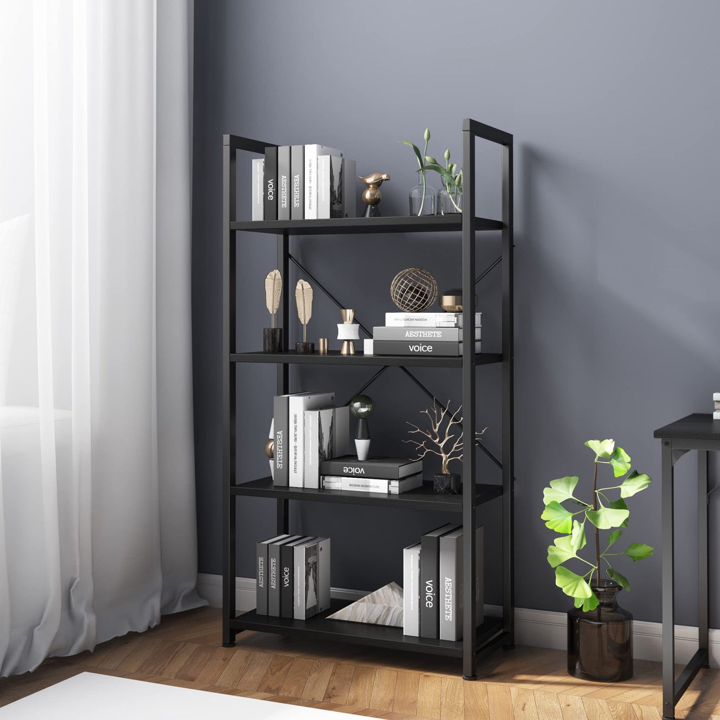 VERMESS Industrial Bookshelf, 4-Tier 24inch Black Shelving Unit Wood Bookcase with Open Shelves, Rustic Standing Bookshelves Metal Frame Display Rack