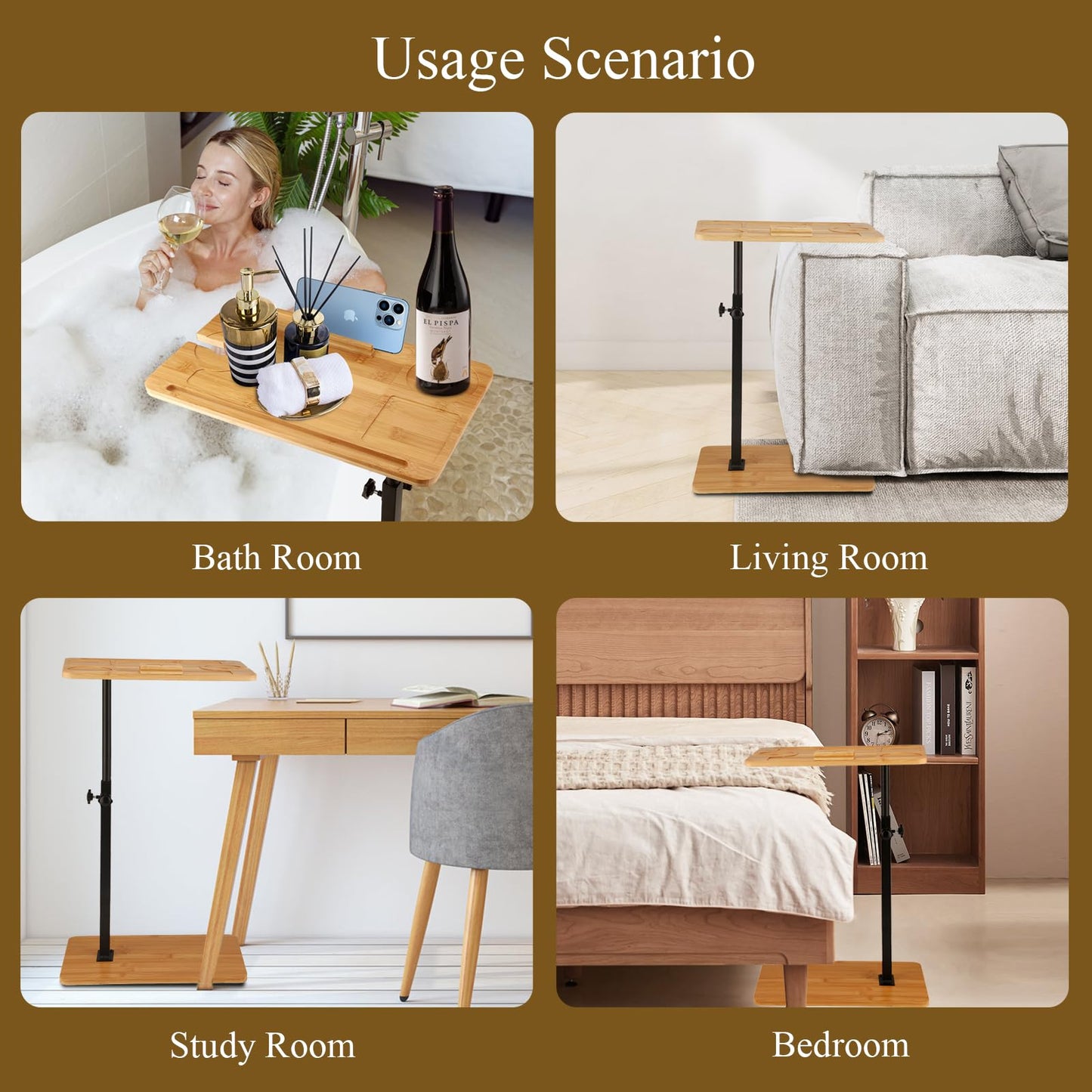 VeftBltrem C Shaped Side Table, Adjustable Height 17-32 Inch, 360° Rotating Desktop, Sturdy Bamboo Metal Base, Under Sofa Table for Living Room