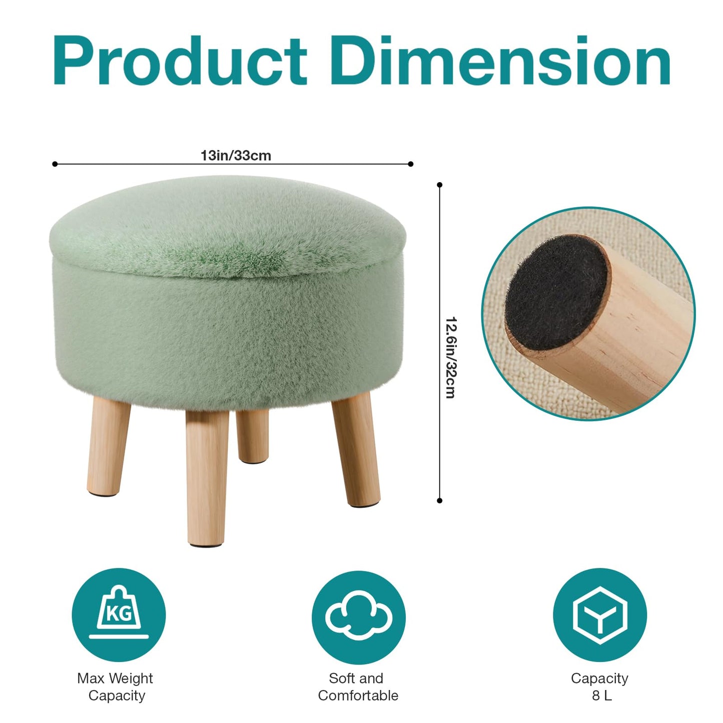BRIAN & DANY Footstool with Storage, Small Storage Ottoman, Faux Fur Round Stool with Lid, Foot Stool with Legs for Living Room Entryway, Green