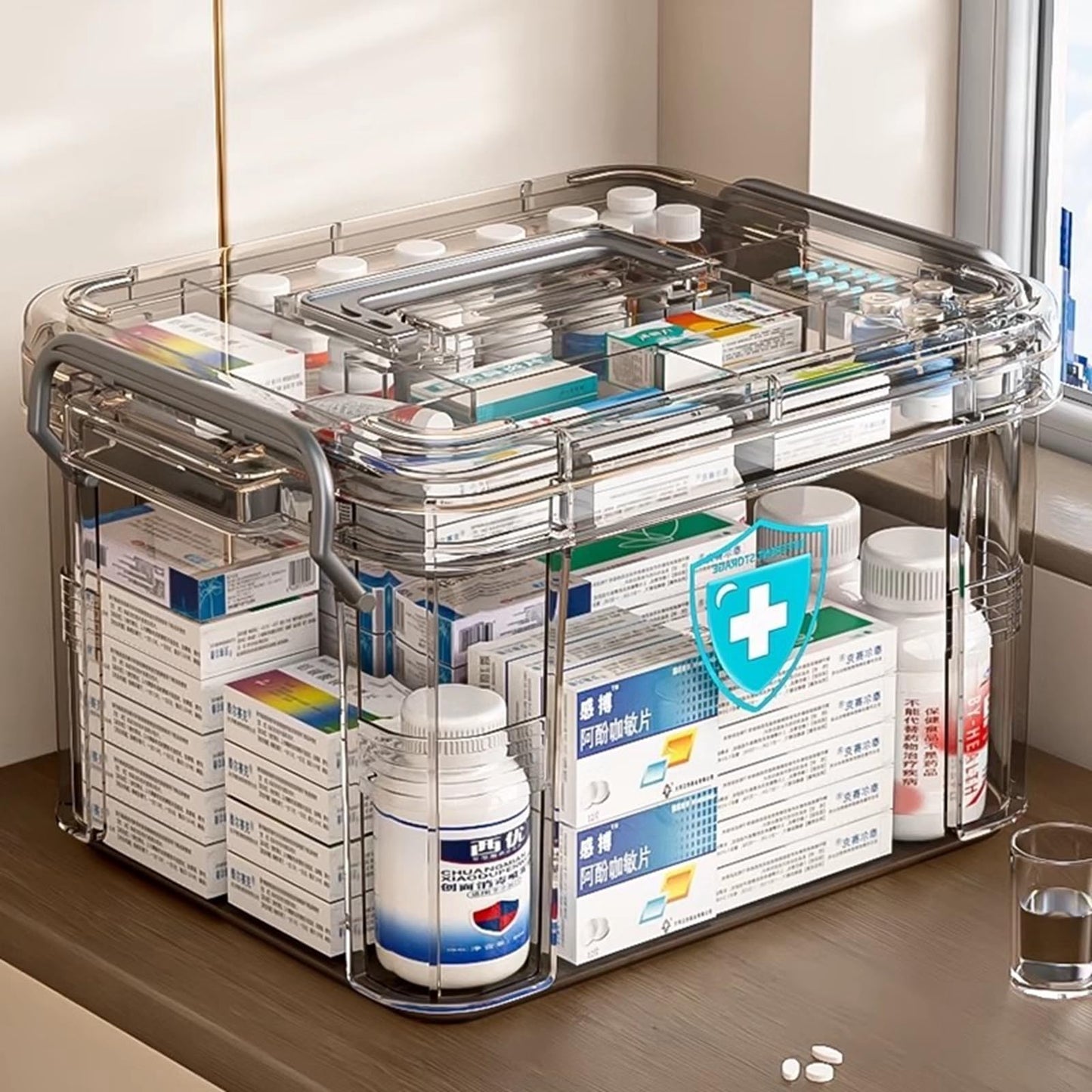 Chililon Medicine Storage Box,Household MedicineStorage Box Organiser,Double Layers Multi Grid Medicine Box,Portable with Lid Medication Storage Box