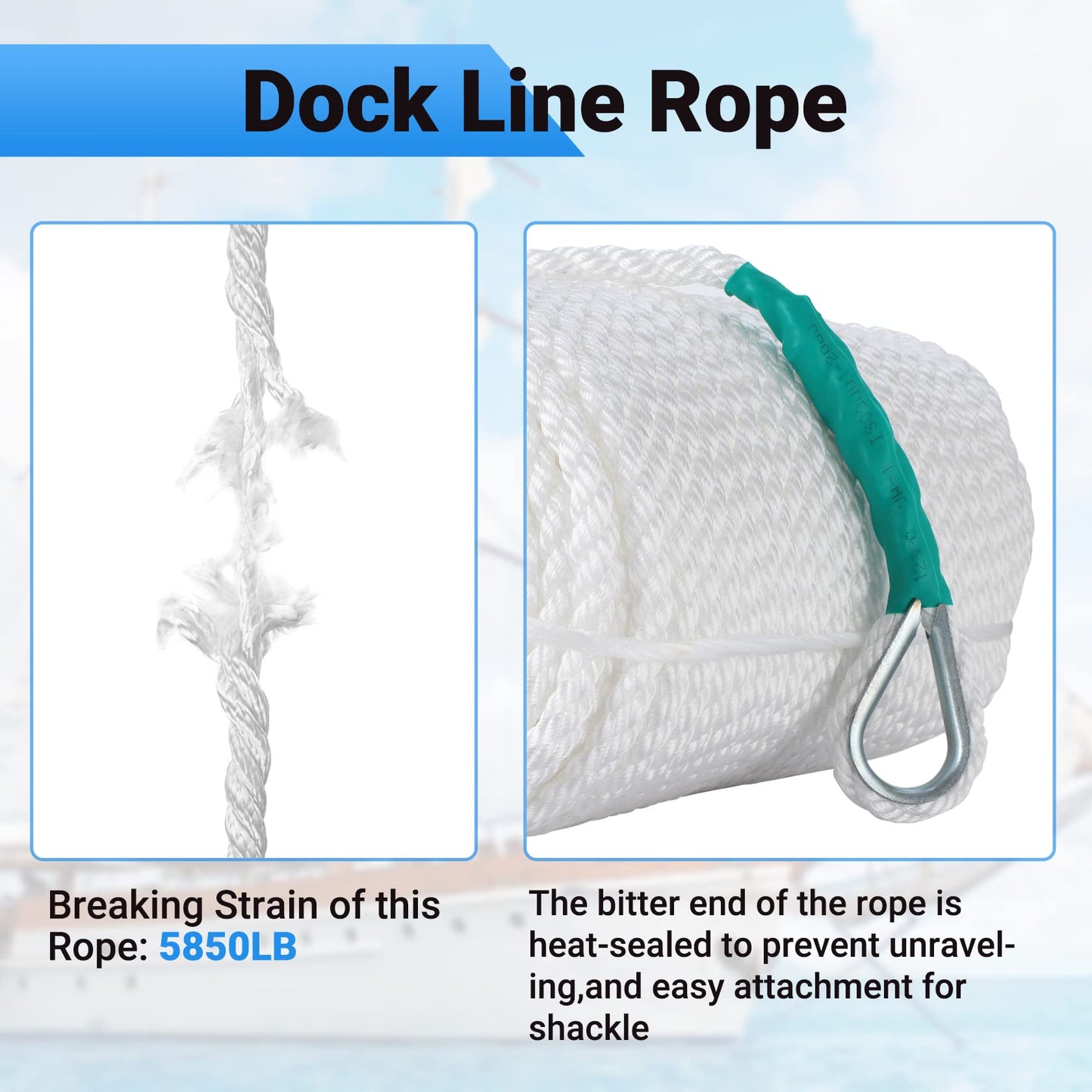 CarBole Nylon Mooring Rope, Multi-functional Dock Line Rope 12mm*61m for Survival | Boating | Sports | Camping | Sailing | Hiking (White) (5850LB)