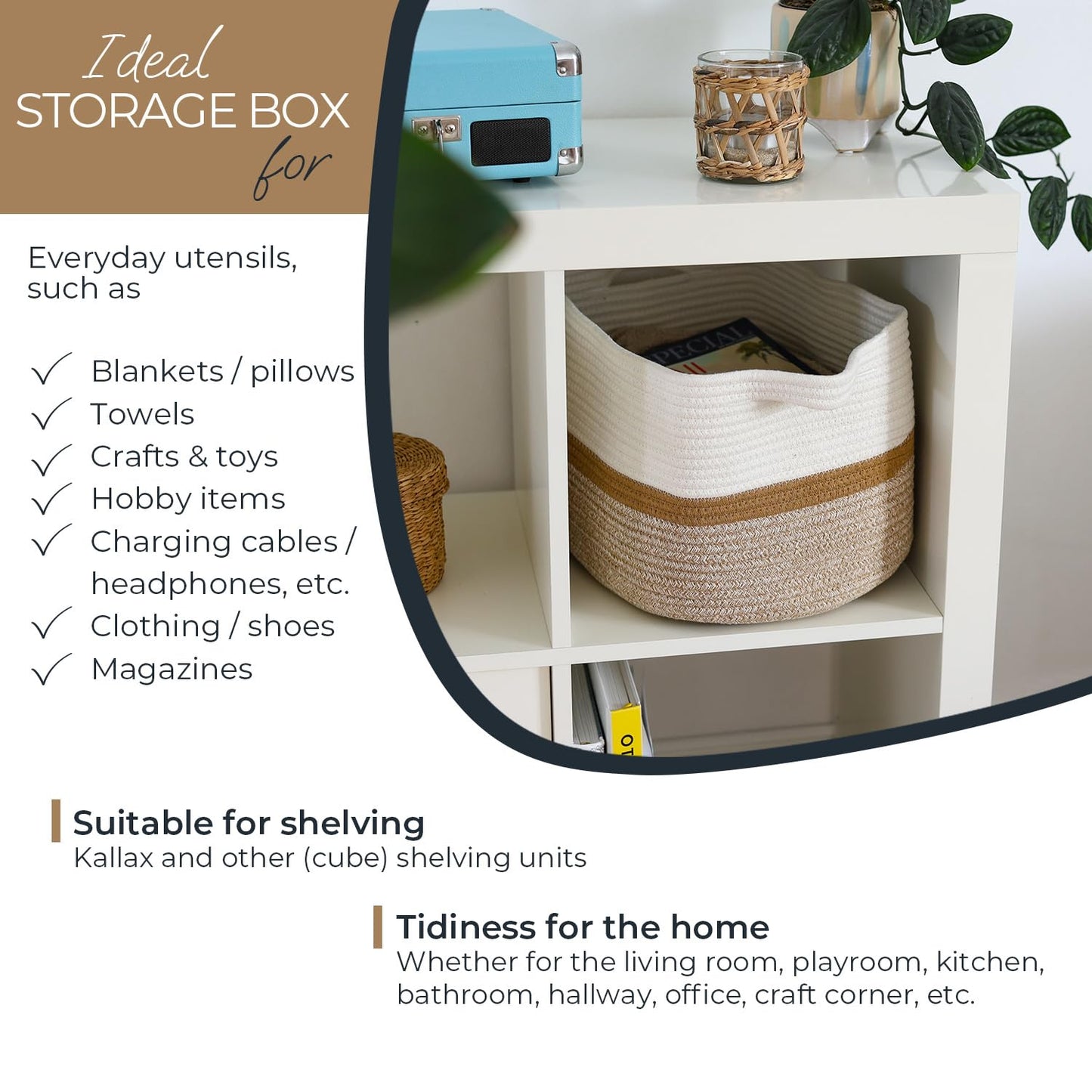 HMF Storage Basket with Extended Handles, Cotton Basket | 36 x 30 x 25 cm | White/Brown