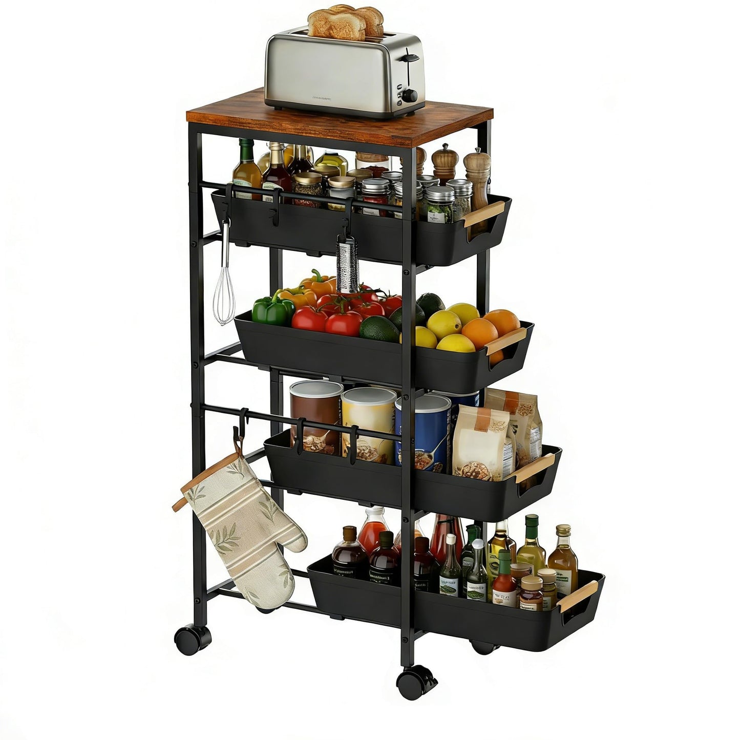 Uwoodia 5-Tier Slim Storage Trolley on Wheels, Metal Kitchen Rolling Cart with Pull-Out Baskets
